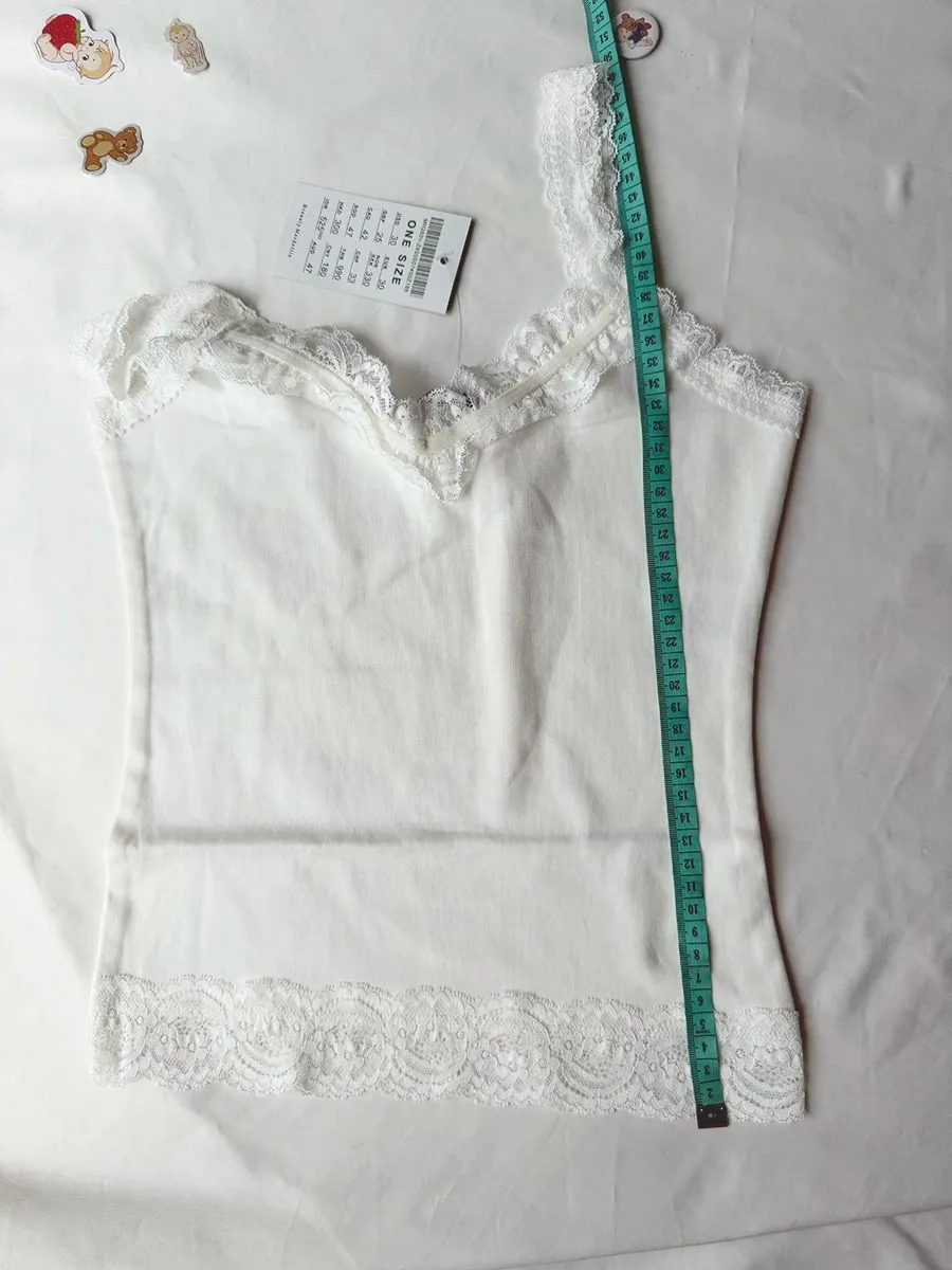 Sweet Lace Patchwork Slim Tank Tops Dam Sommar Vit Sexig Enkel Bomull Mjuka ärmlösa västar Kvinna Vintage Chic Y2K Camisole — image 8