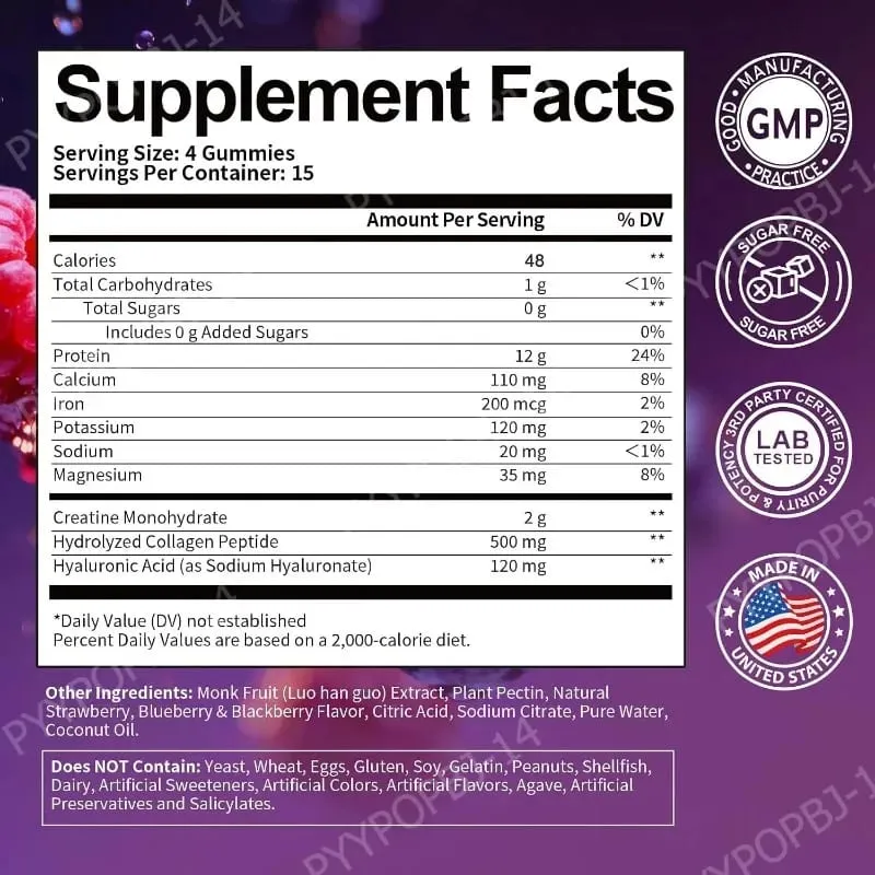 Protein Gummies with Whey Creatine Collagen 12g Protein Muscle Support Energy Nutrition Sugar Free Fitness Supplement 60 Gummies — image 4
