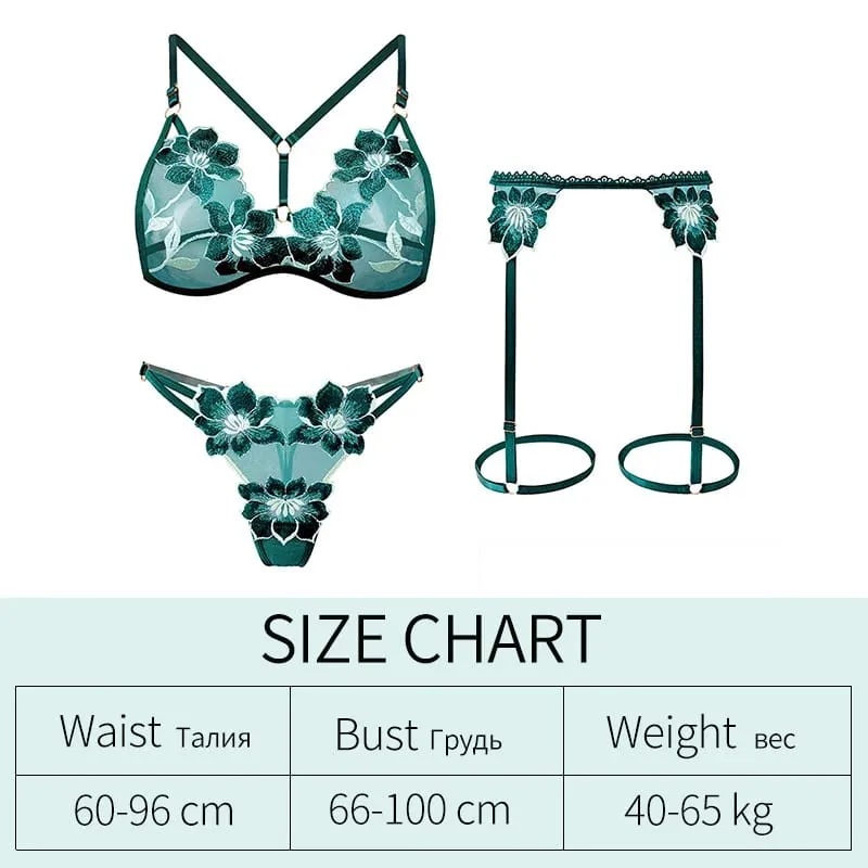 3Pcs/Set Flower Sexy Bra Set Women Bralette Girls Lace Underwear Thong Erotic Transparent Bras Lingerie Panty Sets — image 6