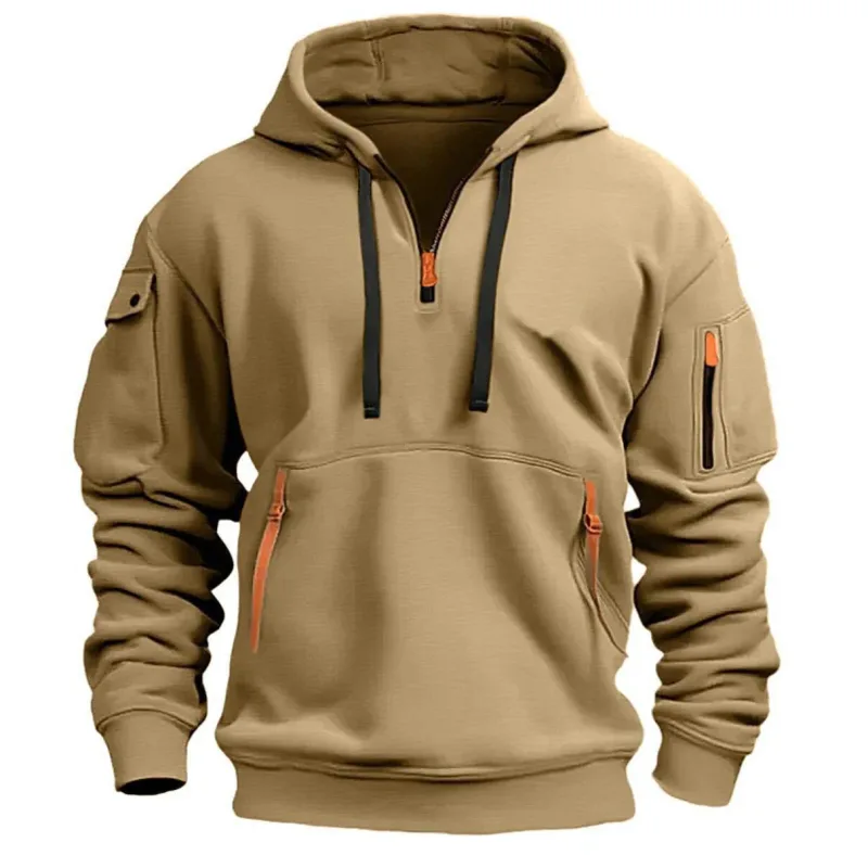 Autumn Men Half Zip Hoodie Multi Zipper Pocket Long Sleeve Pullover Drawstring Hooded Sweatshirt Outdoor Casual Loose Street . — image 2