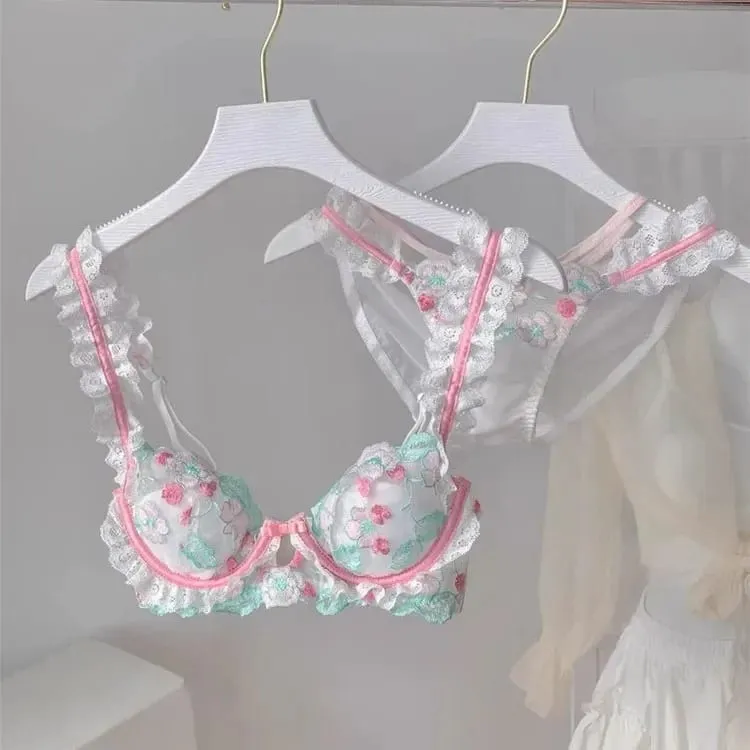 French Style Lace Embroidery Bra Set Women's Underwear Anti-Sagging Thin Design Sweet Pure Desire Wireless Comfortable Bandeau