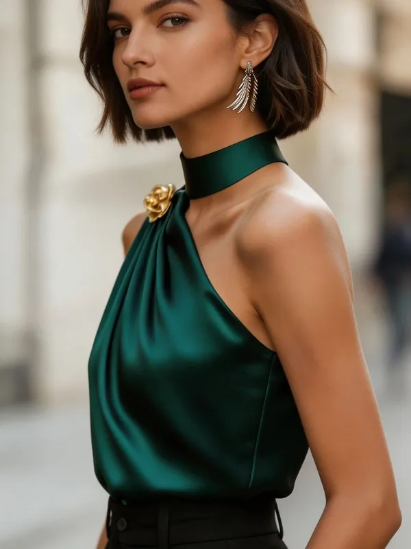 Chic Halter One Shoulder Satin Draped Dark Green Blouse Sleeveless Top For Party & Office Women