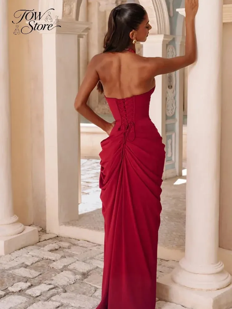 Elegant Solid Pleated Halter Women's Dress Fashion Sleeveless Backless Waist-cinching Split Maxi Dresses Summer Party Gowns 2026 — image 3