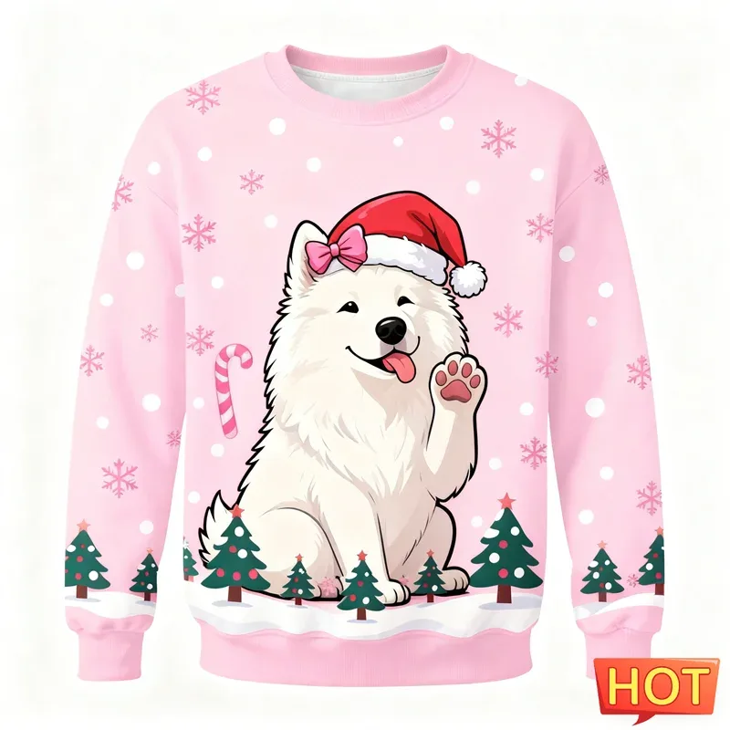 Cute Samoyed Graphic Ugly Christmas Sweater Fashion Holiday Wear Dog 3D Printed Sweatshirts Casual Oversized Unisex Pullovers — image 2