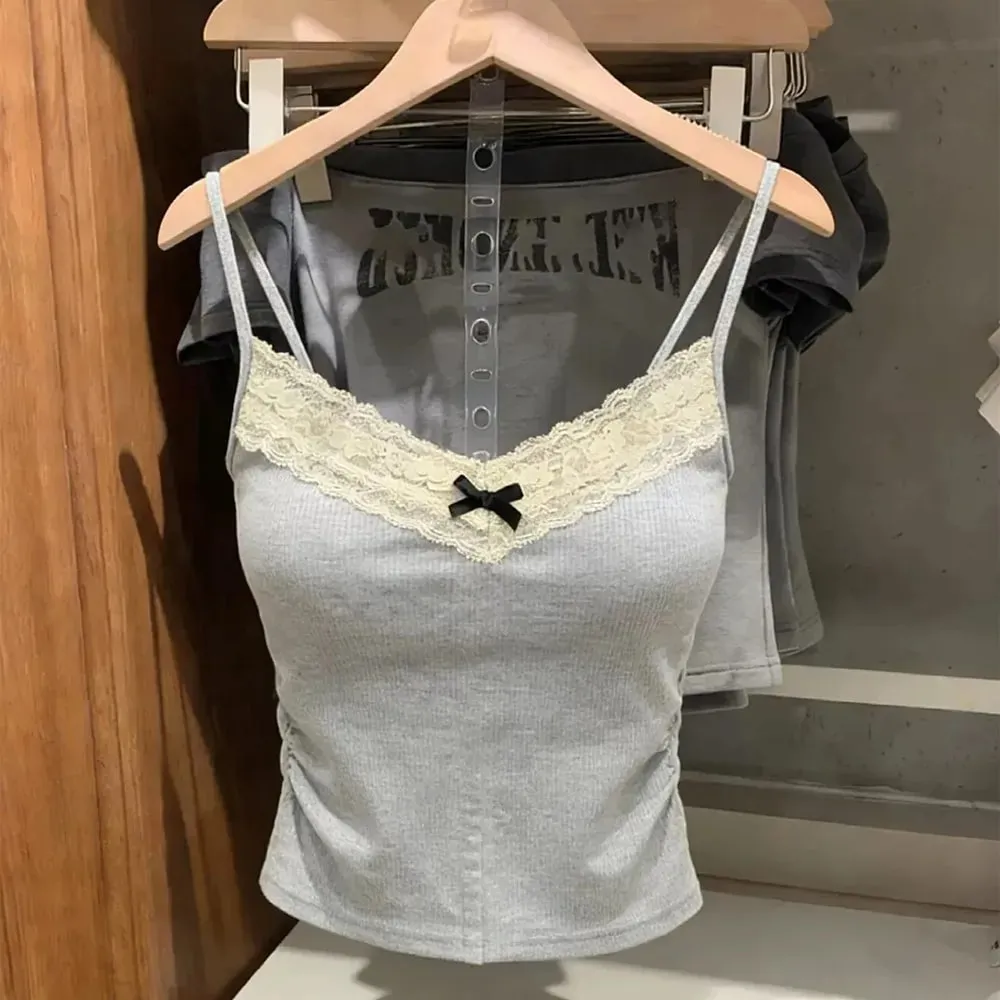 2026 coreano Y2k Crop Top Primavera Verano encaje camiseta sin mangas mujeres recortada lindo Camis chaleco Sexy blanco Crop Tops chaleco sin mangas coqueta