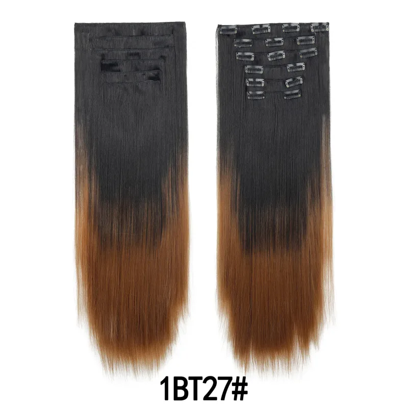 6 pçs 24 polegada ombre cor clip-in extensões de cabelo longo sintético em linha reta hairpieces em camadas macio invisível clip ins extensões — image 8