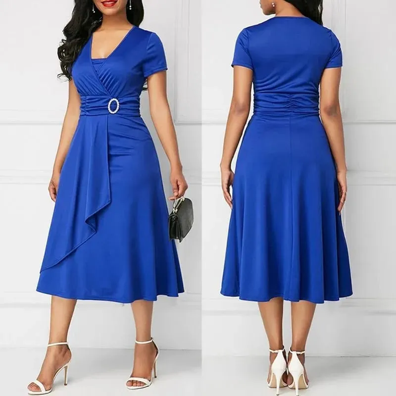 We.Fine Dress Women Solid Color Short Sleeve V Neck Asymmetric Hem Waist Midi Party Dress Elastic Female Dresses Woman Vestidos — image 2