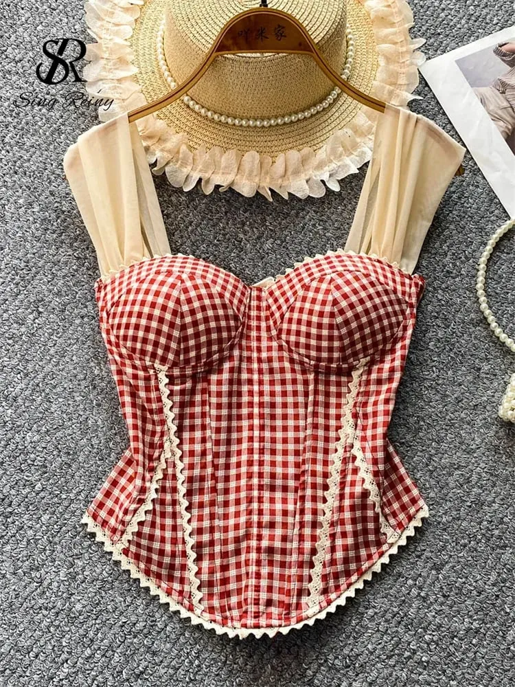 American Retro Print Evening Camisole Female Strap Lace Spliced Slim Top 2025 Streetwear Floral Vintage Beach Tank Top — image 11