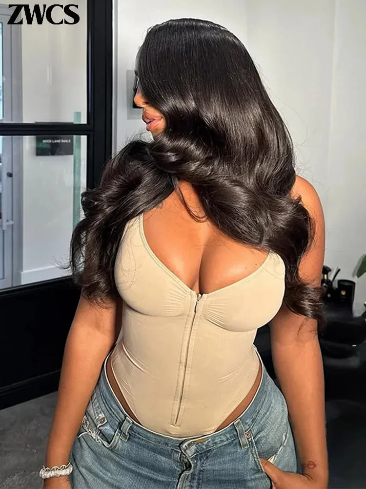 Sexy Tight Corsets Bodysuit For Women Deep V-neck Zippers Sleeveless Slimming Underwear 2026 New Lady Solid Backless Rompers