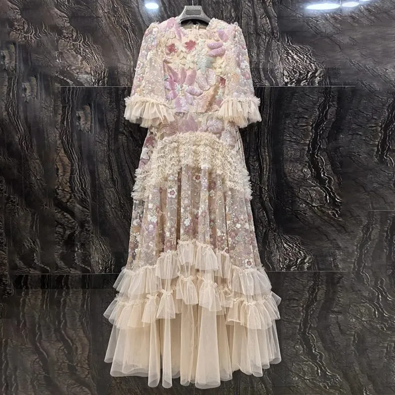 Moda rosa bordado lantejoulas vestido feminino em torno do pescoço babados meia mangas vestidos de comprimento no tornozelo novo 3a132 — image 4