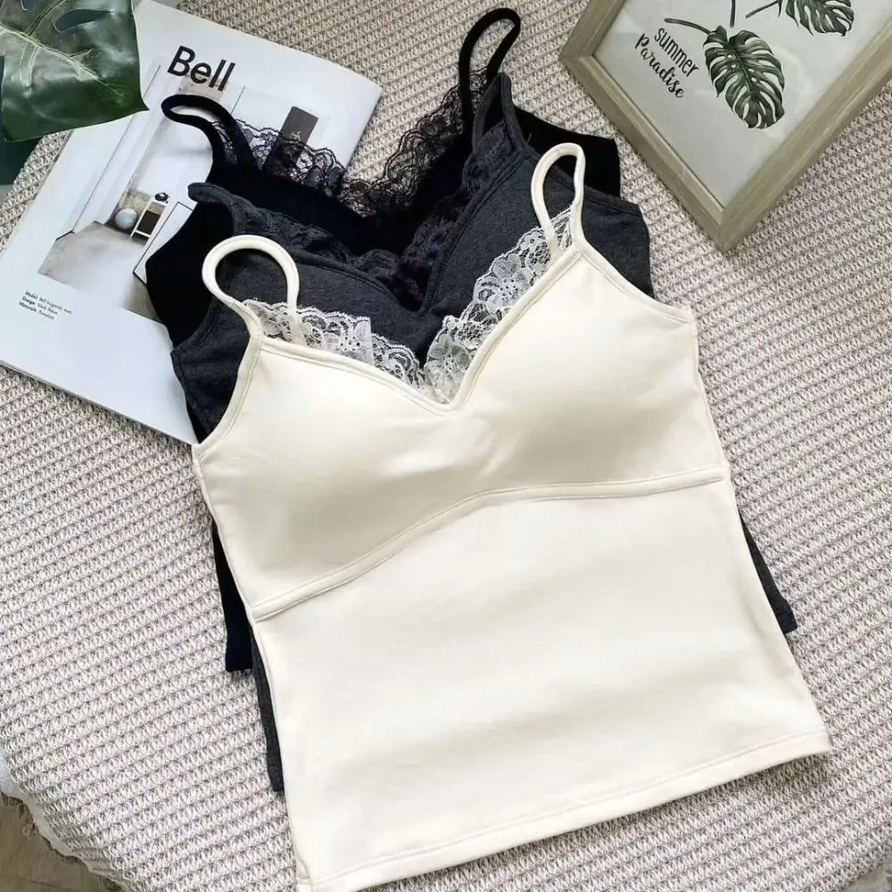 Autumn/Winter Fitted Lace-trimmed Camisole V-Neck Comfortable Slim Fit Camisole Top Soft with Padded Bra Women's Top — image 4