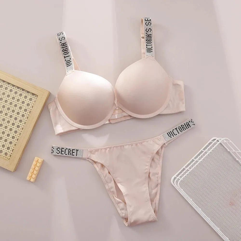 Victoria Secret Sexy Women Underwear Very Sexy Logo Shine Strap Push Up Bra Shine Script Thong Panty Set Hot