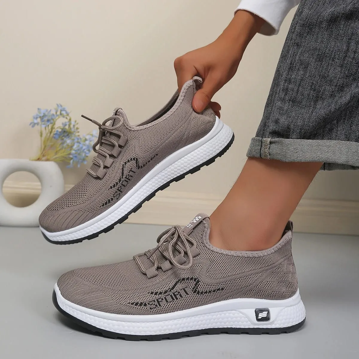 Minimal Solid Hue Men Mesh Lace-Up Footwear Fine Hollow Perforated Knit Upper Bump Carved Black Outsole Versatile Trainer — image 1