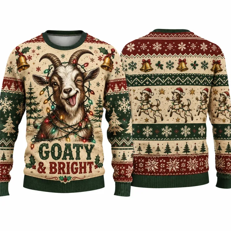 Goaty And Bright Christmas Sweatshirt Funny Goat 3D Printed Crewneck Long Sleeve Unisex Ugly Xmas Sweater Holiday Party Pullover — image 5