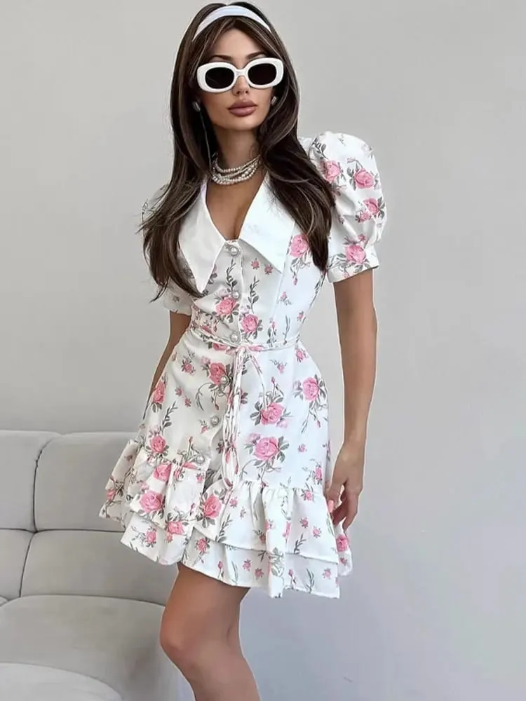 Tossy Printed Lapel Fashion Mini Dress Pambabae Short Sleeve Patchwork Contrast Elegant Summer Dress 2025 Pambabaeng Bodycon Dress — image 3