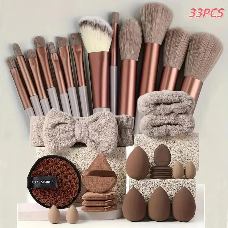 20 33Pcs Full Makeup Tool Set With Puff Brush Beauty Sponge For Makeup Applying And Removing Daily Use