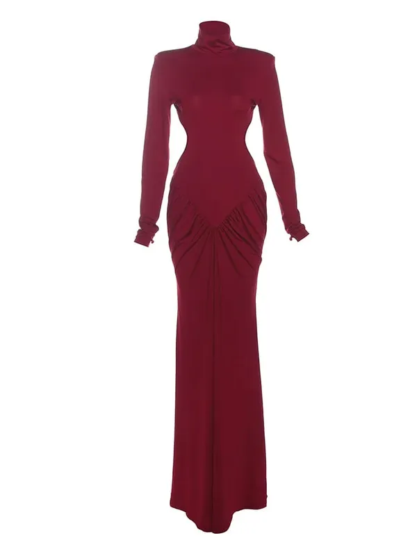 Weird Puss Backless Maxi Dress Women Shoulder Pads Long Sleeve Waistless Peach Buttocks Ruched Elegant Banquet Skinny Vestidos — image 8