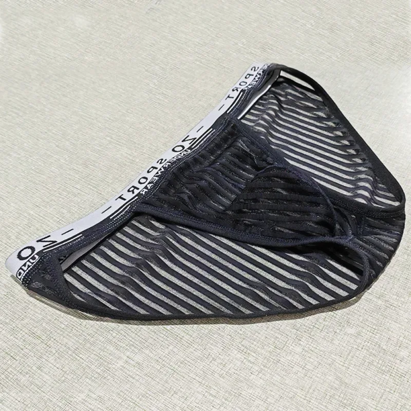 Striped Men's High Slit Sexy Pouch Underwear Ice Silk See Through Comfortable Male Triangle Briefs Man Underclothes — image 14