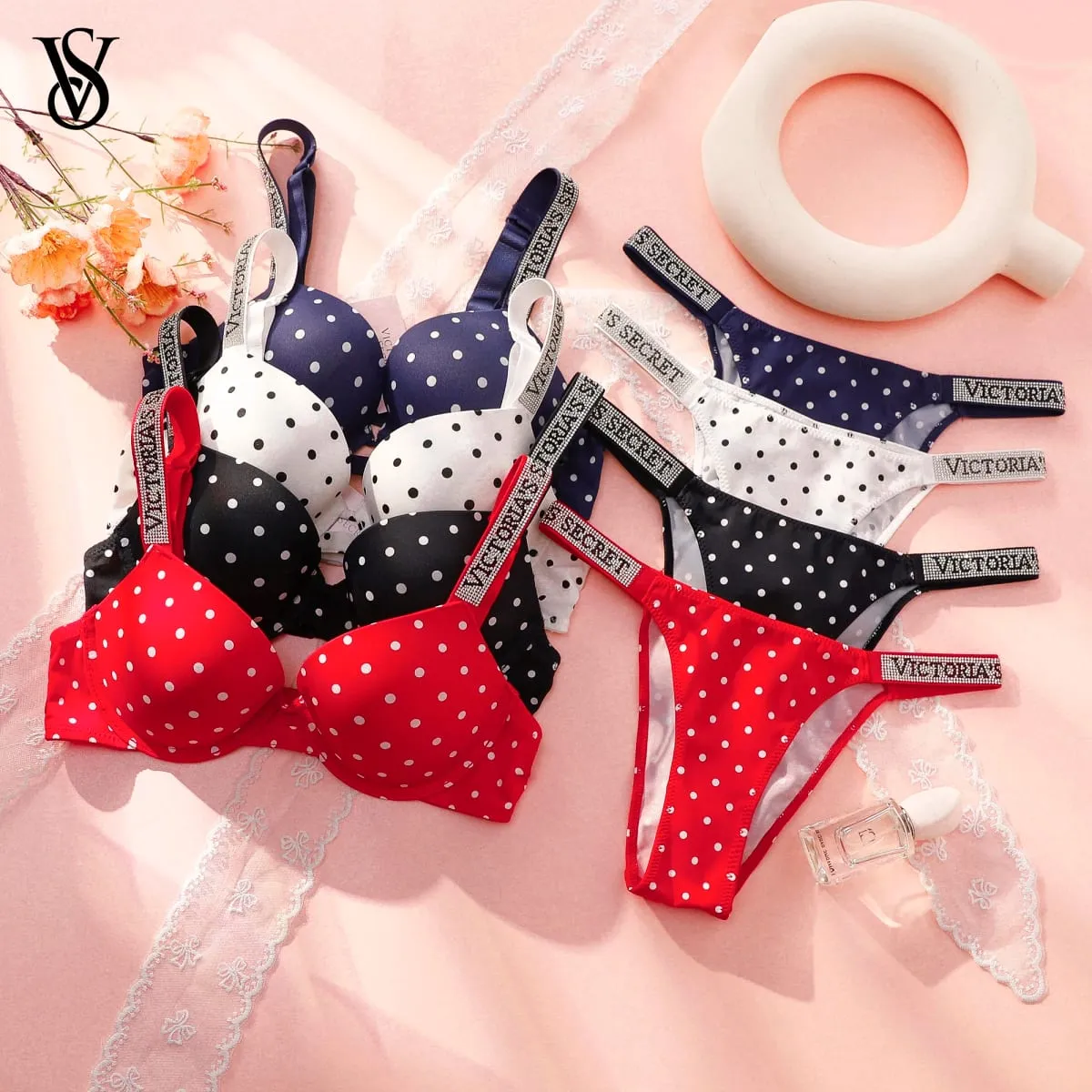 VS Bra at Panty Set Sexy Lingerie Sleepwear Pajamas Plus Size Soft Comfortable Luxury New Arrival Women Polka Dot Lace Push Up — image 2