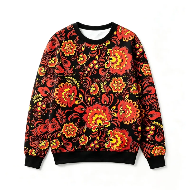 Traditional Russian Khokhloma Floral Print Sweatshirt Autumn Casual O-Neck Pullover Long Sleeve Tops Unisex Vintage Streetwear — image 4