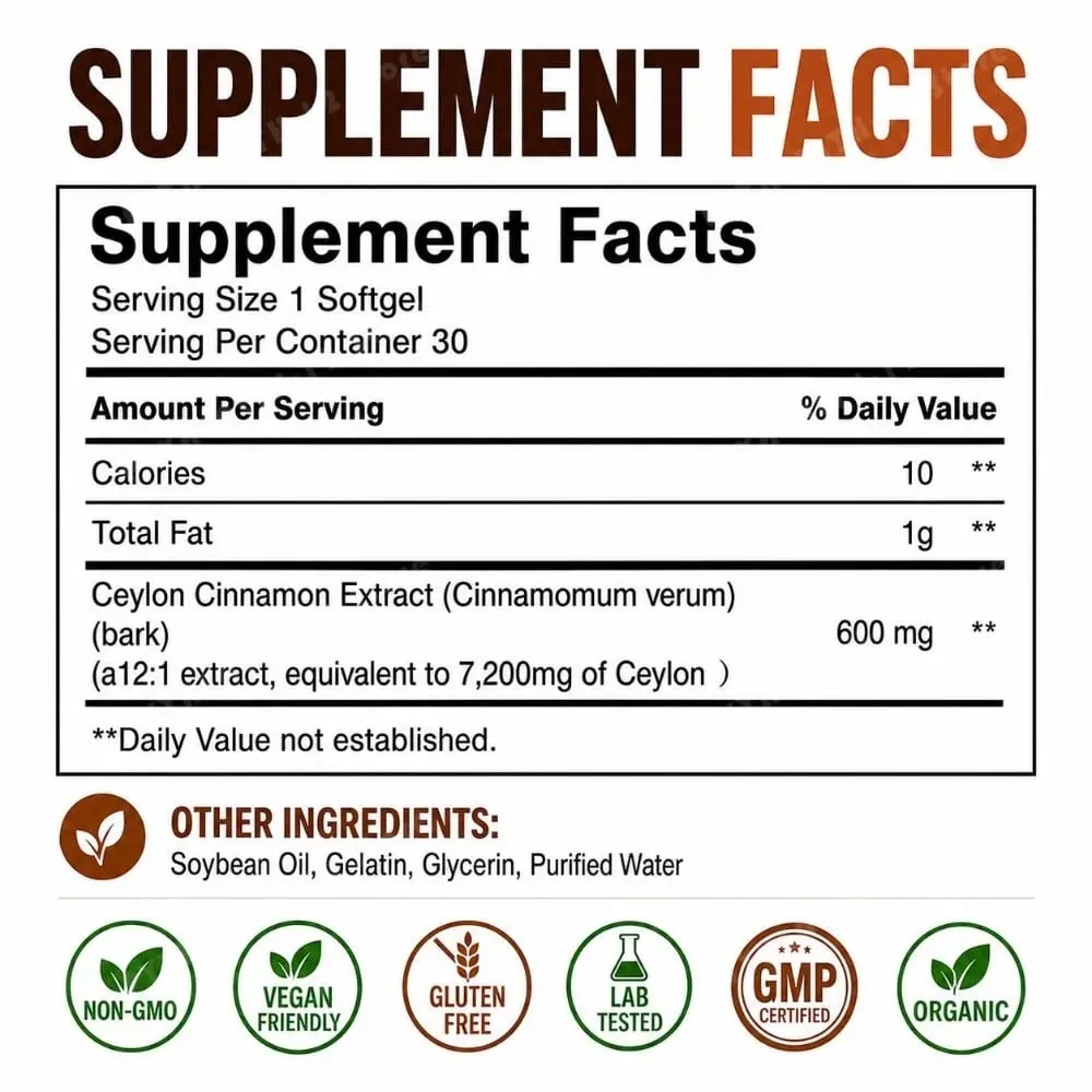 Ceylon Cinnamon 600mg 12-1 Extract Softgels 7200mg Equivalent MCT Oil Highly Bioavailable Daily Dietary Supplement 30 Softgels — image 4