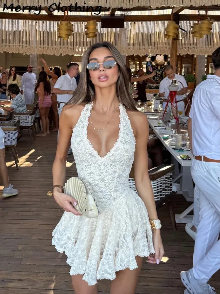 V pescoço halter renda mini saia feminina moda cintura cinched a linha vestido sem costas sem mangas curto vestidos de verão senhora — image 2