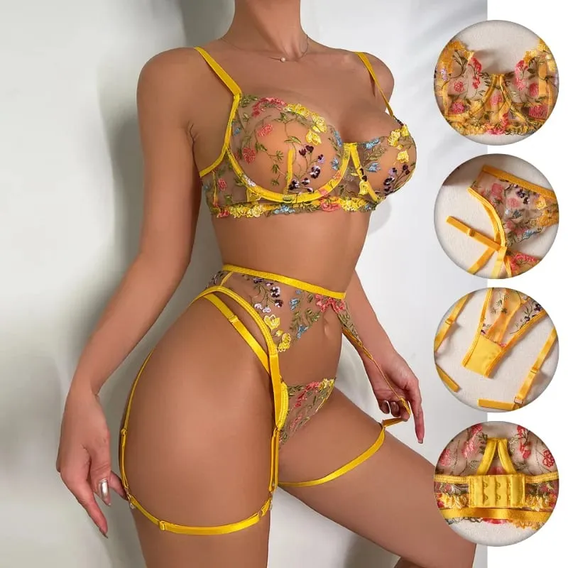 Clearance Random Color Sexy Lingerie Set 3 Pcs Floral Embroidery Sheer Lace Bra Garter Belt Panty Intimate Underwear Kit — image 2
