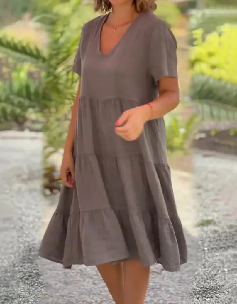 Vestidos femininos casuais de linho de algodão 2025 primavera/verão doce manga curta sólida decote em v grande balanço vestido solto S-5XL — image 6