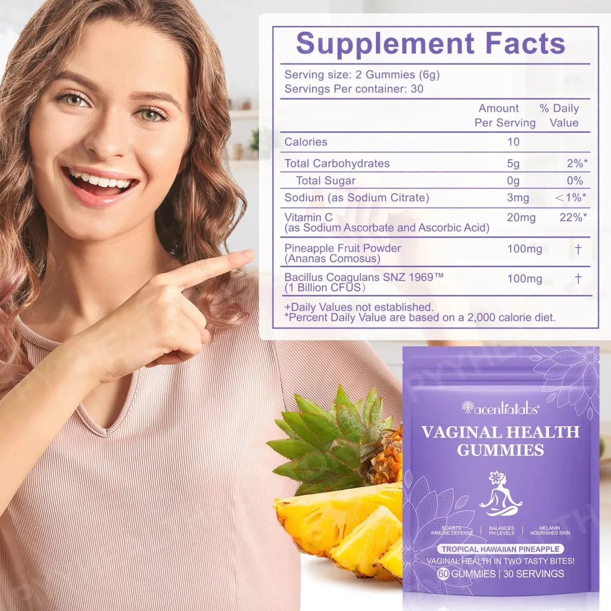 Vaginal Health Gummies PH Balance Support with Vitamin C and Pineapple Fruit Powder Gelatin-Free Daily Wellness 60 Gummies — image 2