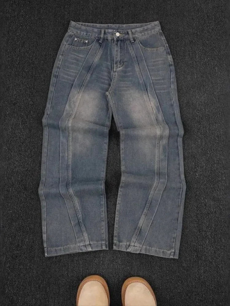 Mens Jeans American Vintage Streetwear Dark Blue Wide Leg Denim Pants Patchwork Contrast Stitch Washed Loose Fit Retro Fashion — image 3
