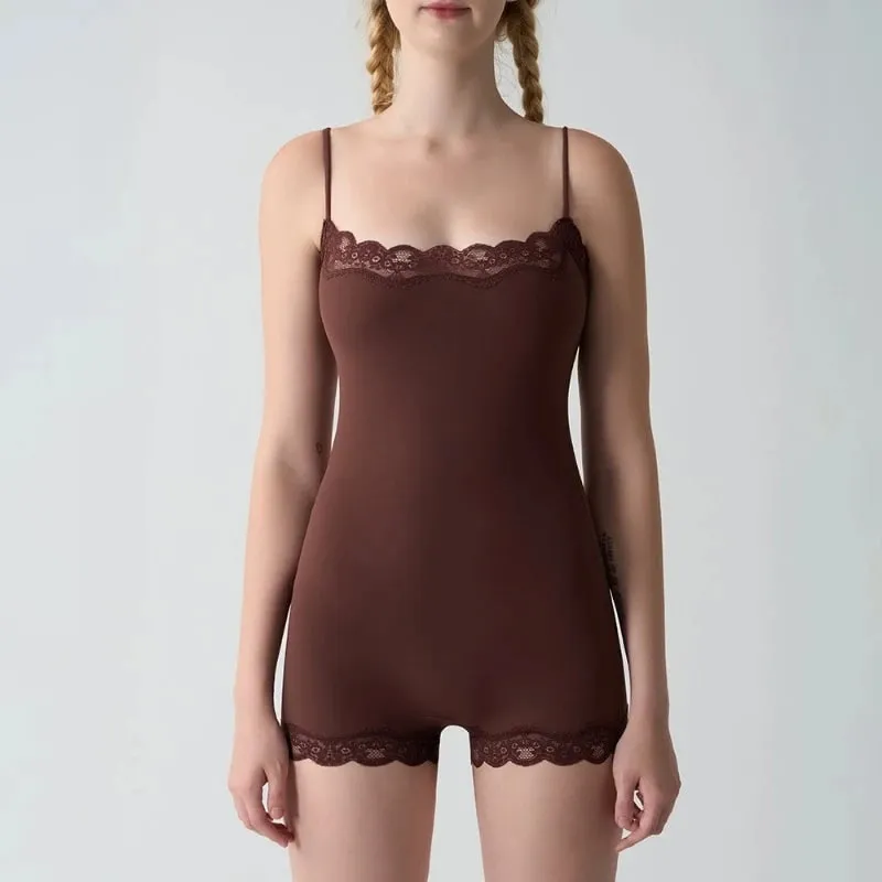 Square Neck Spaghetti Strap Bodysuits Lace Trim Women Sleeveless Slimming Bodycon Jumpsuit Romper — image 6