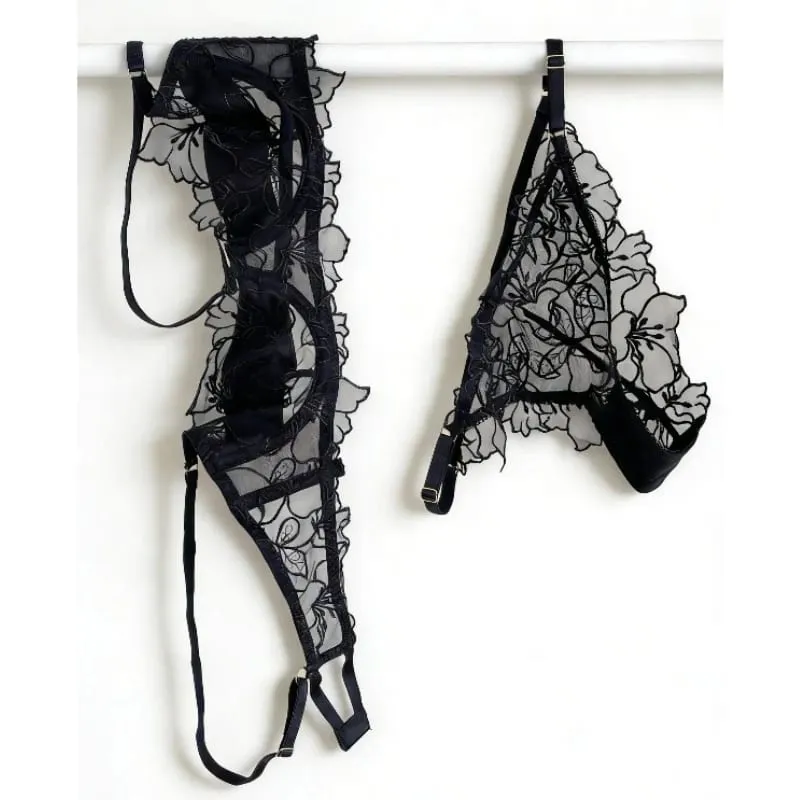 Padded Bra Set Small Bust | Lace Embroidered & Mesh Underwear Set with Soft Underwire Comfortable Demi Cup Sexy Tushy Panty PP — image 1