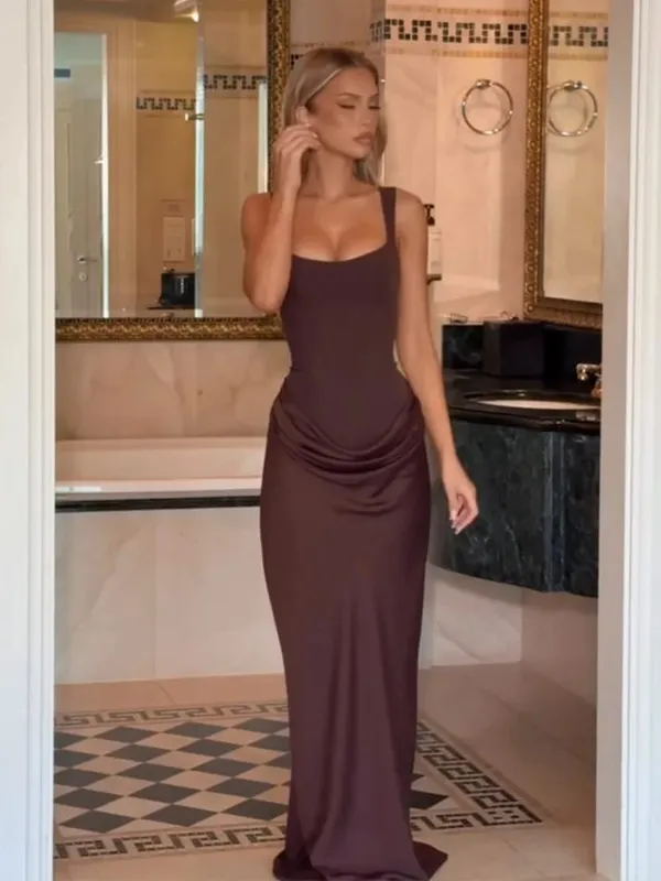 Elegante amarelo sem alças plissado vestido longo feminino chique sólido sem mangas cintura cinching split vestido 2026 senhora festa de noite robes — image 18