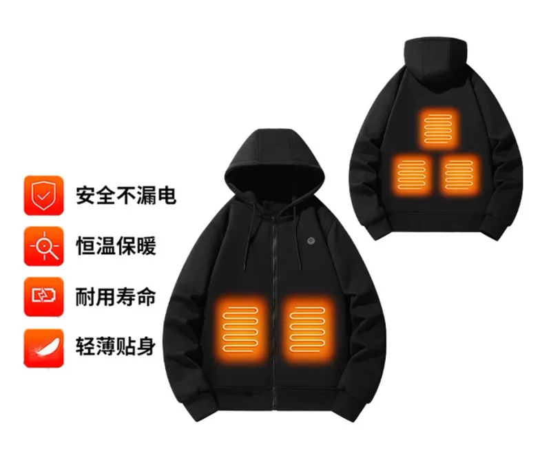 USB Heating Luvtröjor Herr Vinter Eluppvärmda Luvtröjor Jackor Uppvärmd Zipper Hoodie Infraröd 5 Värmeområden Jacka Svart Grå — image 18