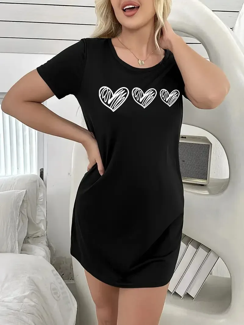 Women's Heart-Print Casual Dress Short-Sleeved Round-Neck T-Shirt Dress Comfortable Loungewear — image 5