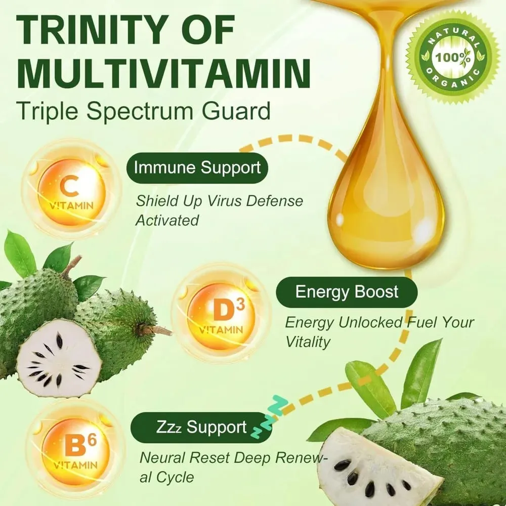 Suplemento à base de plantas de extrato de ervas em gotas líquidas de graviola com mistura de frutas e folhas de graviola, fórmula diária de bem-estar vegano — image 2
