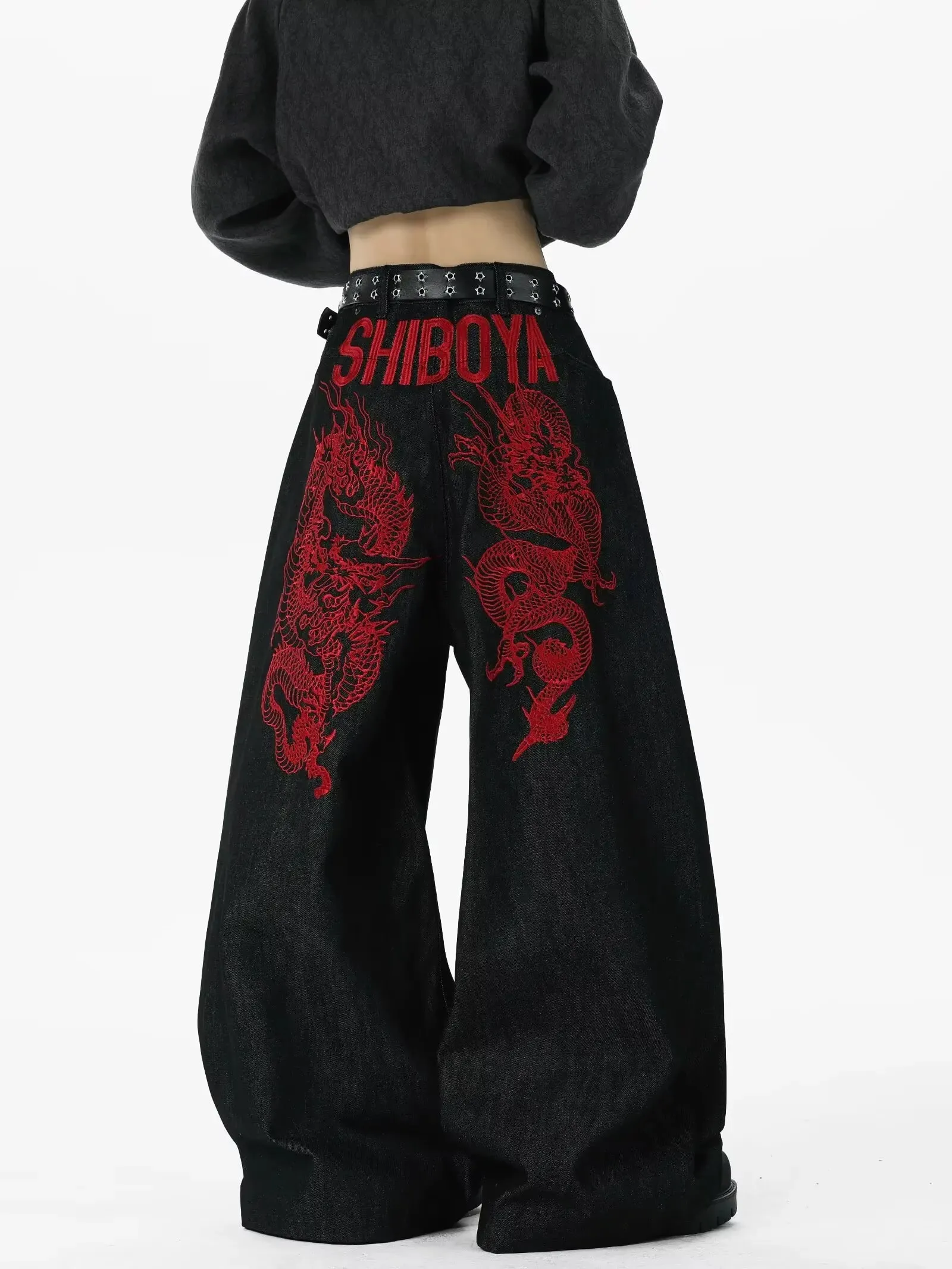 American retro embroidered pattern hip-hop jeans suitable for both men and women Y2K street cool floor length wide leg pants — image 4