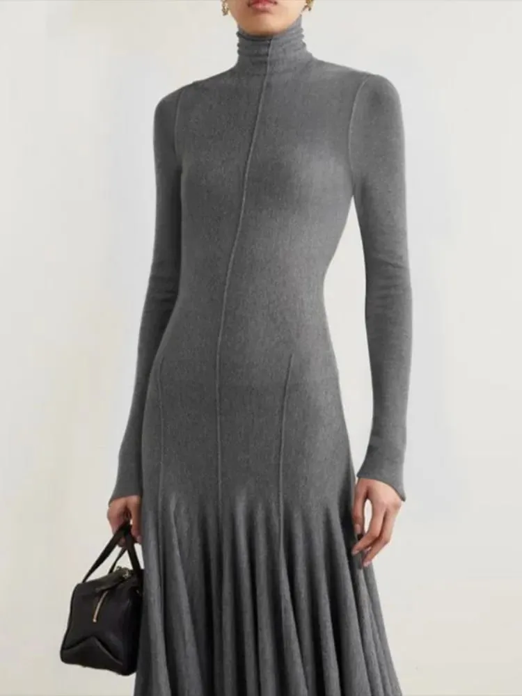 Freeacy Women's Grey Knit Maxi Dress Turtleneck Long Sleeve with Fitted Bodice and Flared Mermaid Skirt Elegant Party Dresses — image 2