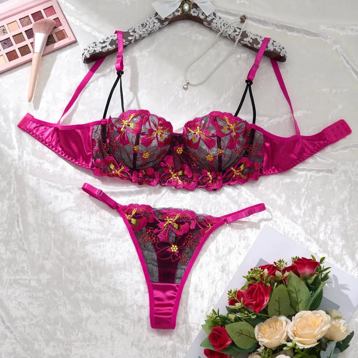 Sexy Rose-red Lingerie Including A Bra and Panties with Daisy Patterns As Well As Acomfortable Home-style Bra & Brief Sets — image 1