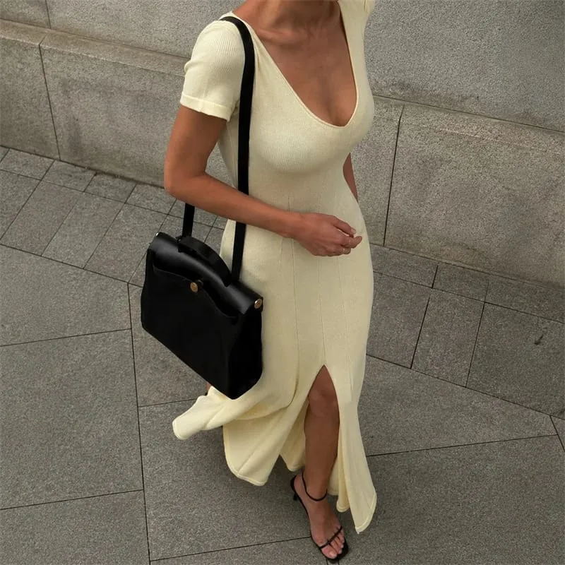 Tsiisd vestido maxi de malha canelada para mulheres, decote em v profundo, slim, fenda alta, elegante, patchwork, vestido de festa feminino, malhas — image 3