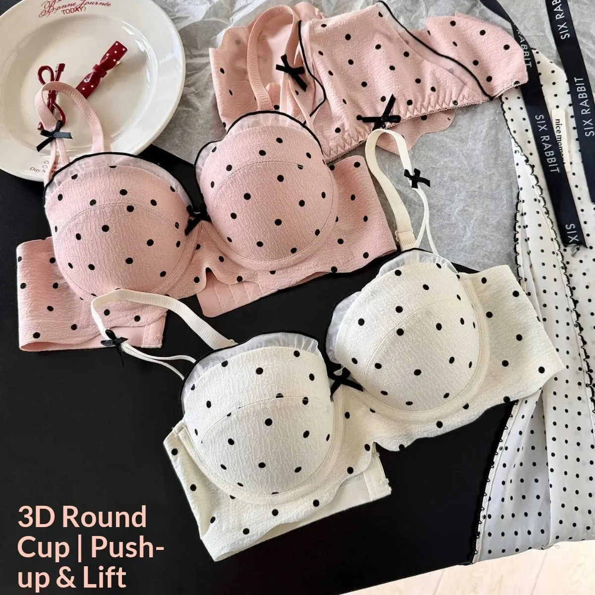 Lace Polka Dot Bra Two-Piece Set Small Bust Gathering Anti-Sagging Side Breast Collection Comfortable Wire-Free Lingerie Set — image 4