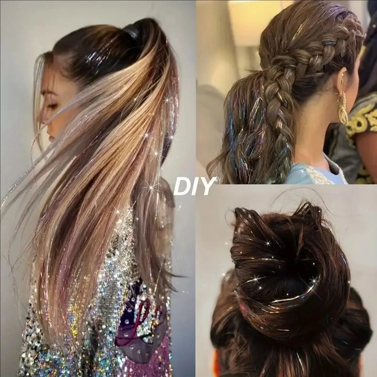 12Pcs Synthetic Hair Tinsel Clip in 20Inch Glitter Tinsel Hair Clip in Hair Tinsel Kit Heat Resistant Shiny Sparkle Fairy Hair — image 7