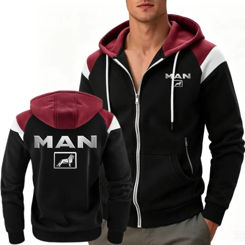 Men's Windproof Fleece Hooded Jacket Block Contrast Sportswear Comfortable Fashionable Truck Man Hoodies Sweatshirts — image 1