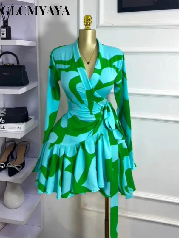 Feminino tie dye print alargamento manga longa envoltório com decote em v com faixas plissado vestido 2026 elegante férias festa de aniversário vestidos — image 3