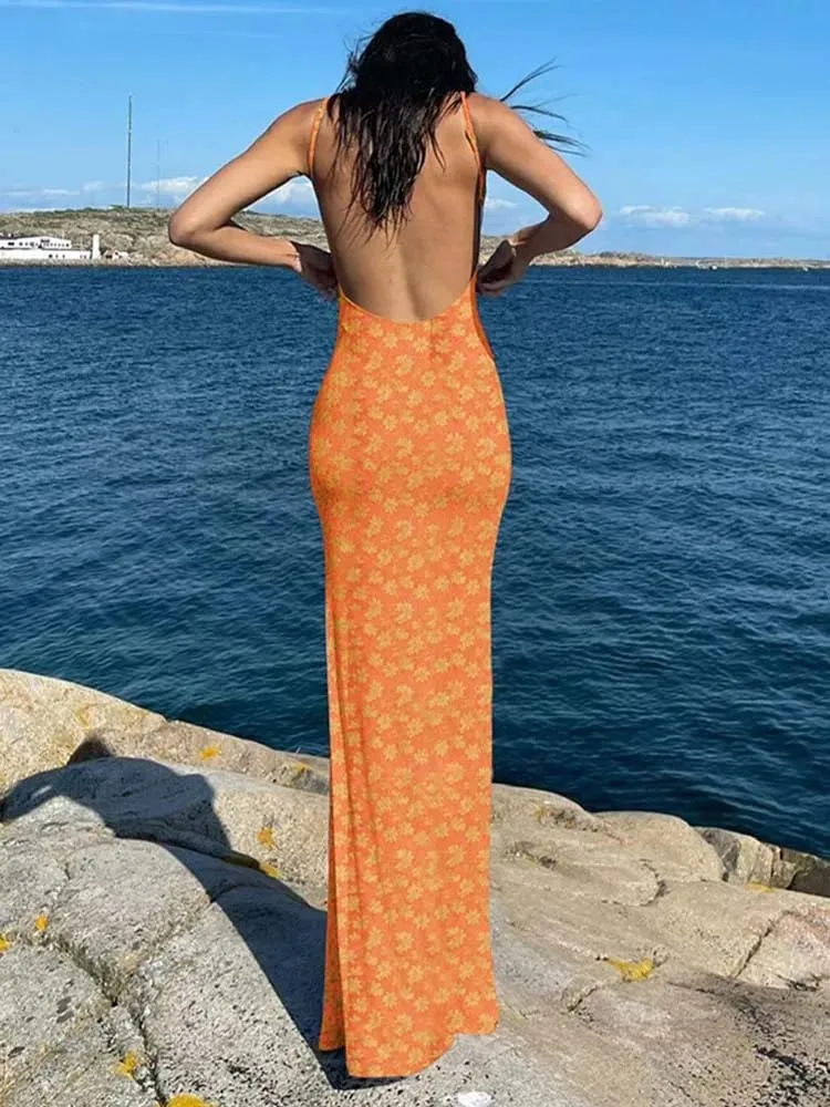 Vestido maxi feminino com estampa floral, sem mangas, costas nuas, elegante, moda urbana, roupas de festa, primavera 2025, vestido sexy conciso — image 7