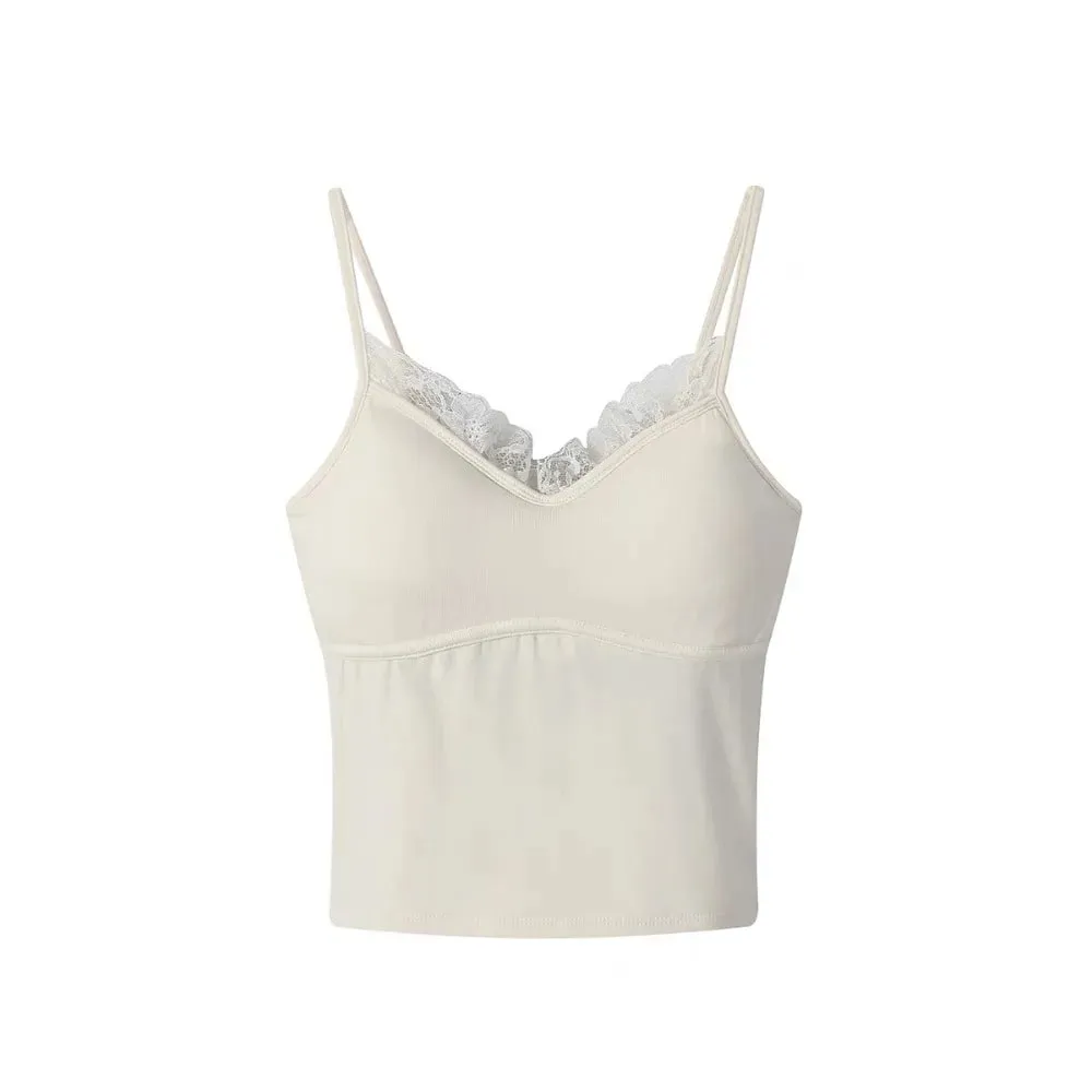Autumn/Winter Fitted Lace-trimmed Camisole V-Neck Comfortable Slim Fit Camisole Top Soft with Padded Bra Women's Top — image 9