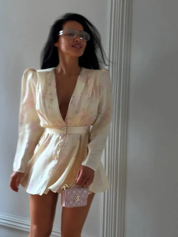 Women Stain Floral Printed V-neck Waist-cinched Pleated Mini Dress Deep V-neck Long Sleeve Button-front Dresses Lady Party Robe