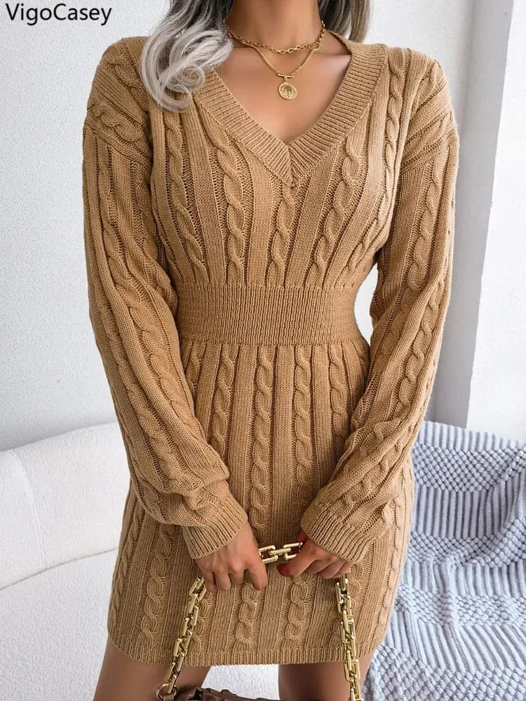 VigoCasey 2026 V Neck Casual Short Knit Dress Autumn Winter Women Solid Long Sleeve Dress Lady Khaki Bodycon Knitted Dresses — image 4
