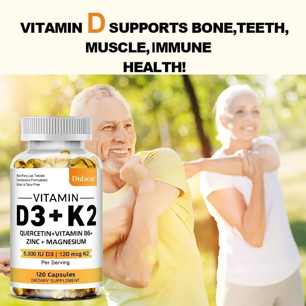 Suplemento dietético de vitamina D3 + K2 - Suporte à saúde óssea e cardíaca ajuda a regular o metabolismo do cálcio - 120 Cápsulas gelatinosas — image 3