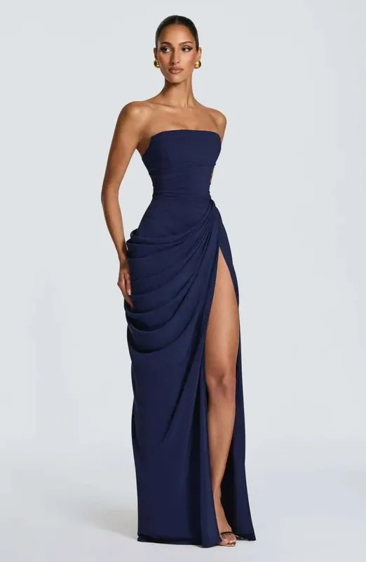 Sexy Women Solid Halter Maxi Dress Elegant Deep V Neck Sleeveless Ruched High Slit Dresses Evening Party Fashion Female Clothing — image 8